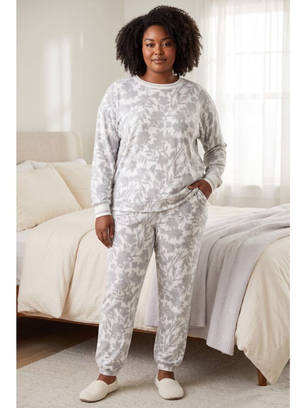 Simply Vera Vera Wang Womens XXL Pajama Set Gray Ivory Floral Joggers Loungewear - Picture 2 of 7